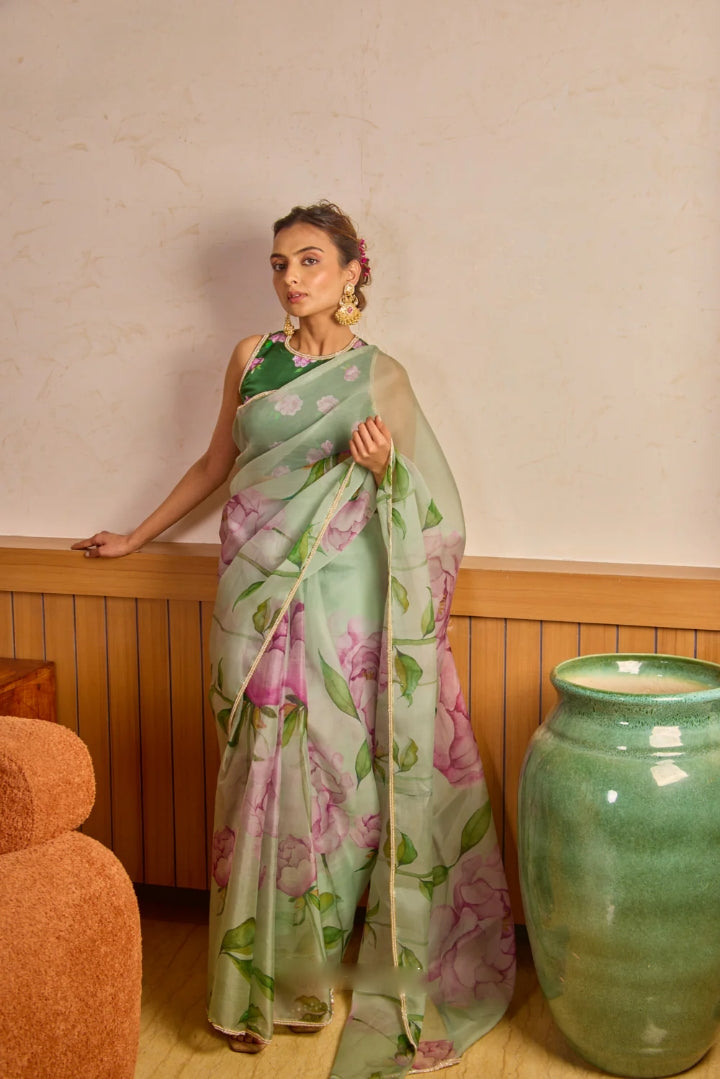 Soft Pink, Blue, Green Floral Saree With Stylish Printed Design