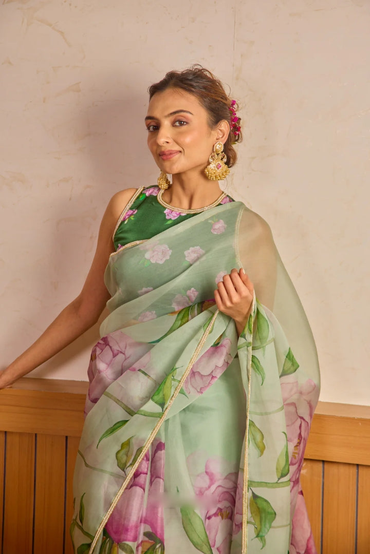 Soft Pink, Blue, Green Floral Saree With Stylish Printed Design