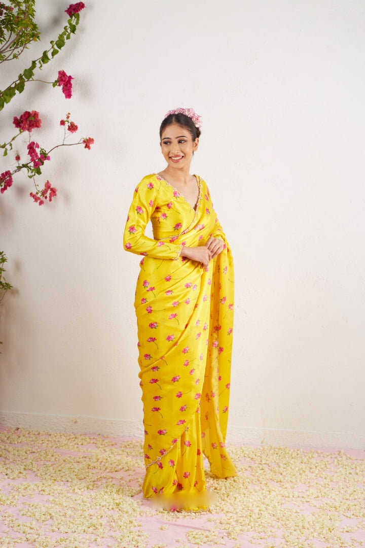 Yellow, Pink Floral Printed Saree With Trendy Casual Ethnic Look