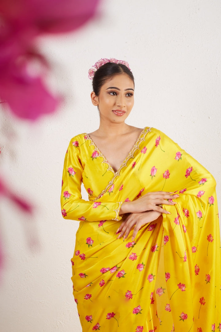 Yellow, Pink Floral Printed Saree With Trendy Casual Ethnic Look