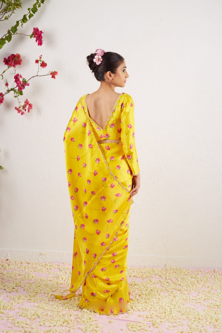 Yellow, Pink Floral Printed Saree With Trendy Casual Ethnic Look