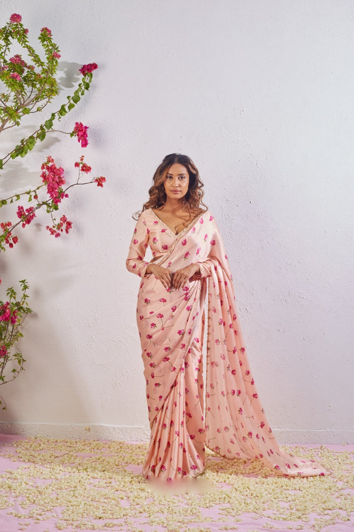 Yellow, Pink Floral Printed Saree With Trendy Casual Ethnic Look
