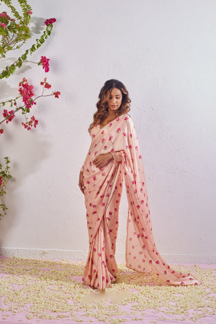 Yellow, Pink Floral Printed Saree With Trendy Casual Ethnic Look