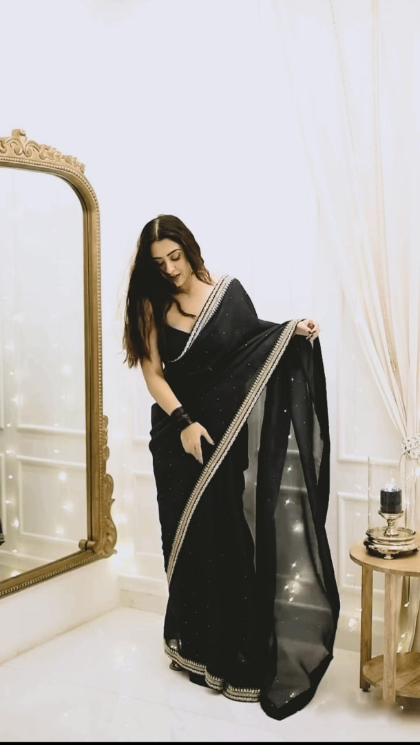Royal Purple, Black, Blue, Maroon Designer Saree With Elegant Silver Border Work