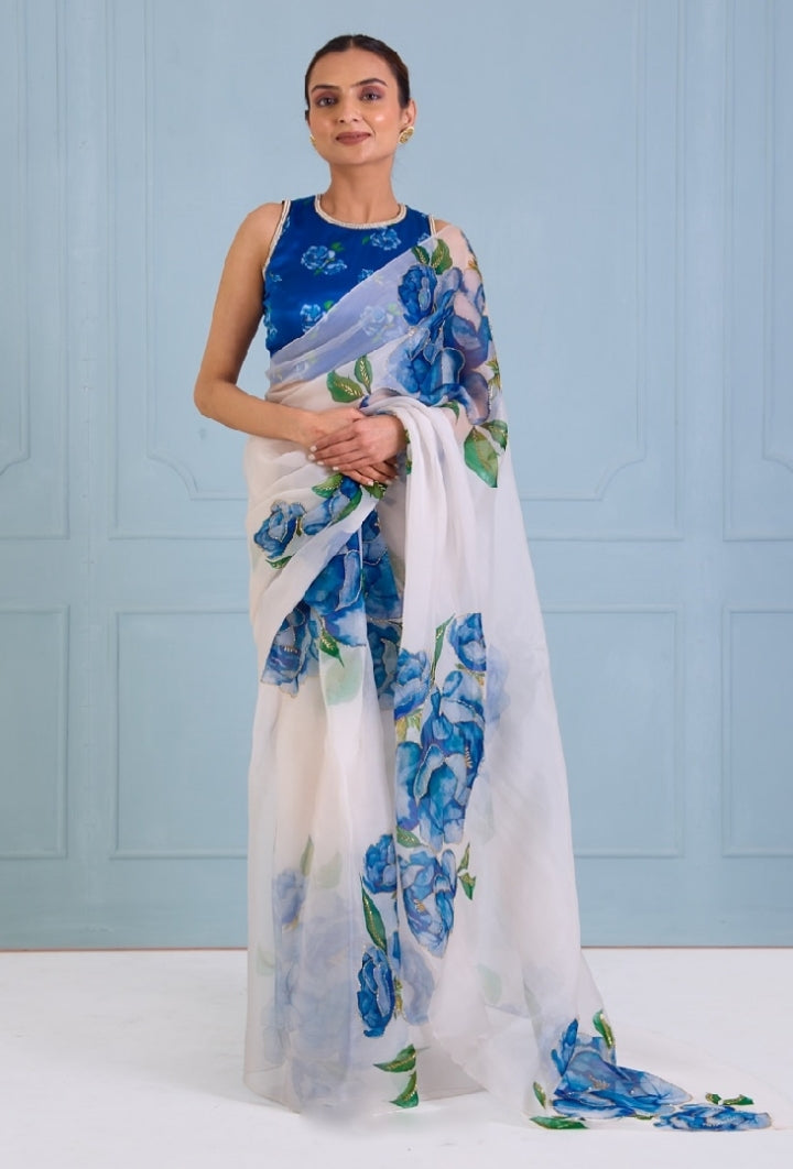 White Blue Floral Printed Saree With Elegant Artistic Design