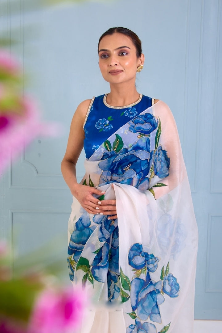 White Blue Floral Printed Saree With Elegant Artistic Design
