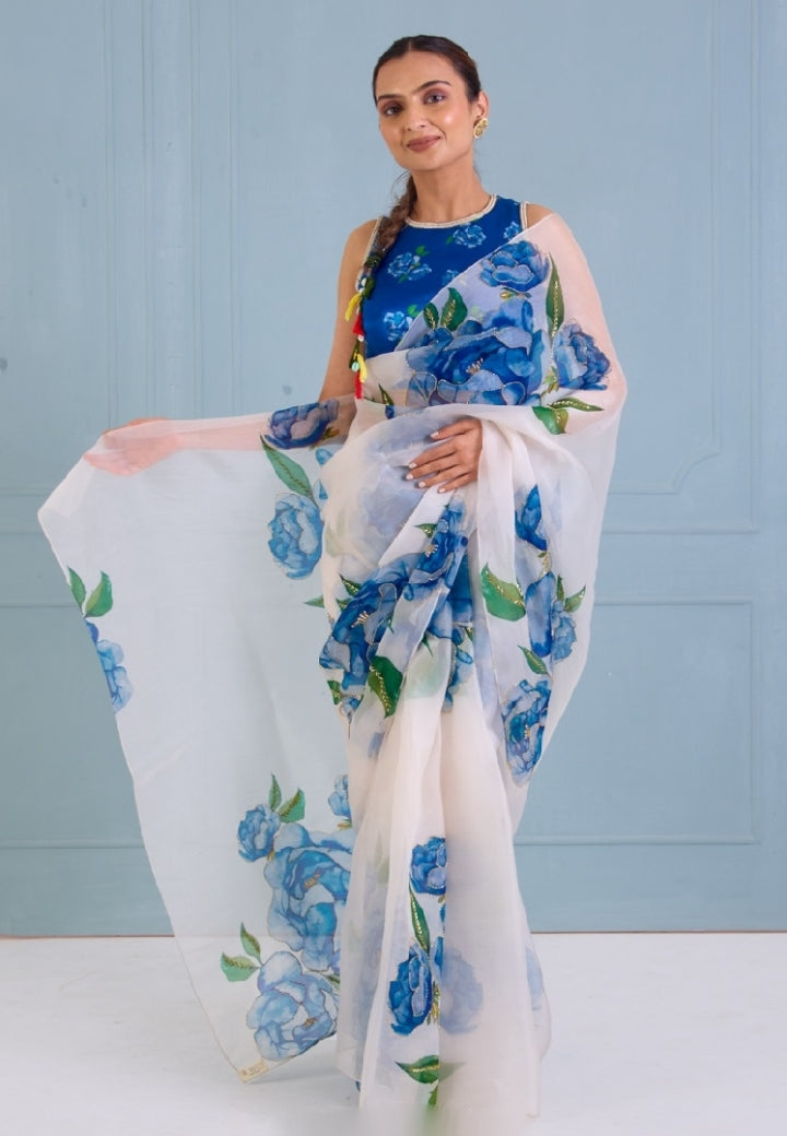 White Blue Floral Printed Saree With Elegant Artistic Design