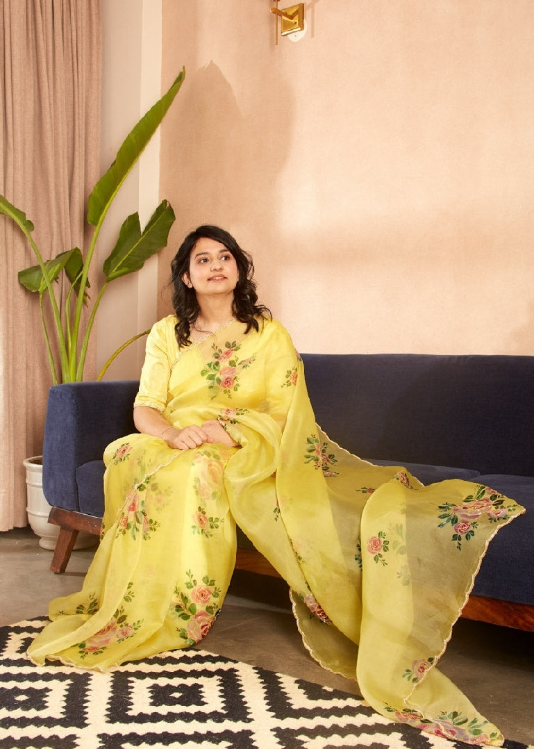 Ivory white, Yellow Floral Printed Saree With Elegant Soft Organza Look