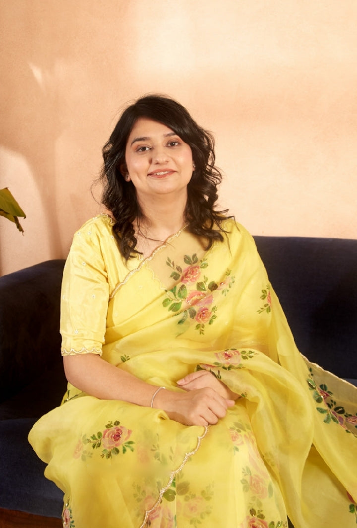 Ivory white, Yellow Floral Printed Saree With Elegant Soft Organza Look