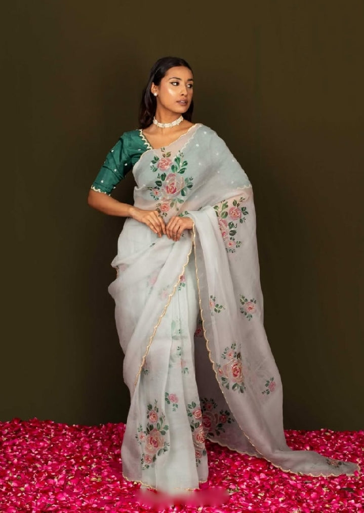 Ivory white, Yellow Floral Printed Saree With Elegant Soft Organza Look