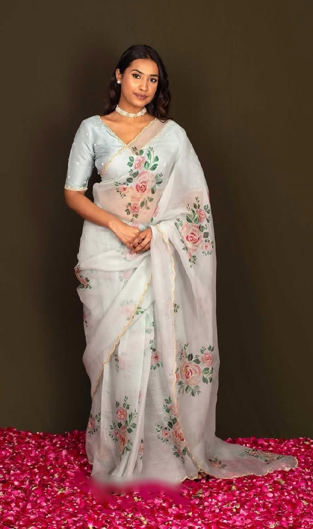 Ivory white, Yellow Floral Printed Saree With Elegant Soft Organza Look