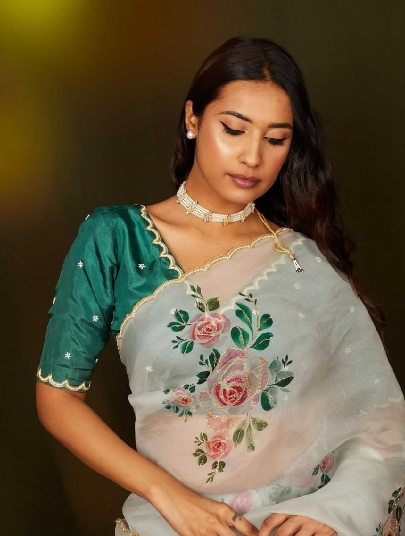 Ivory white, Yellow Floral Printed Saree With Elegant Soft Organza Look