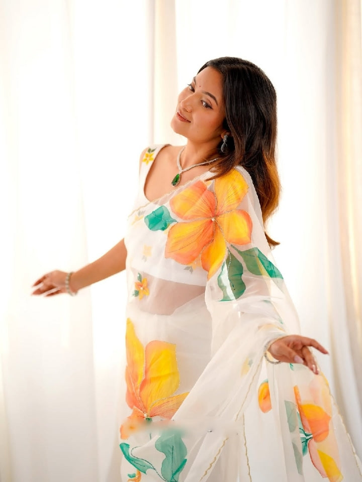 White Multicolor Floral Saree With Trendy Summer Print