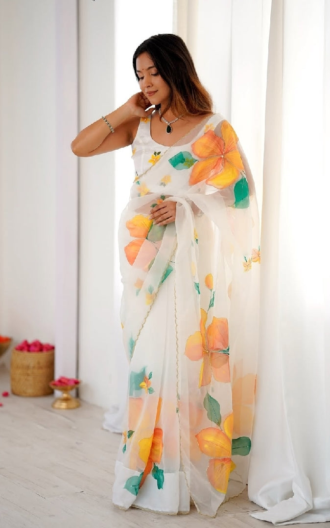 White Multicolor Floral Saree With Trendy Summer Print
