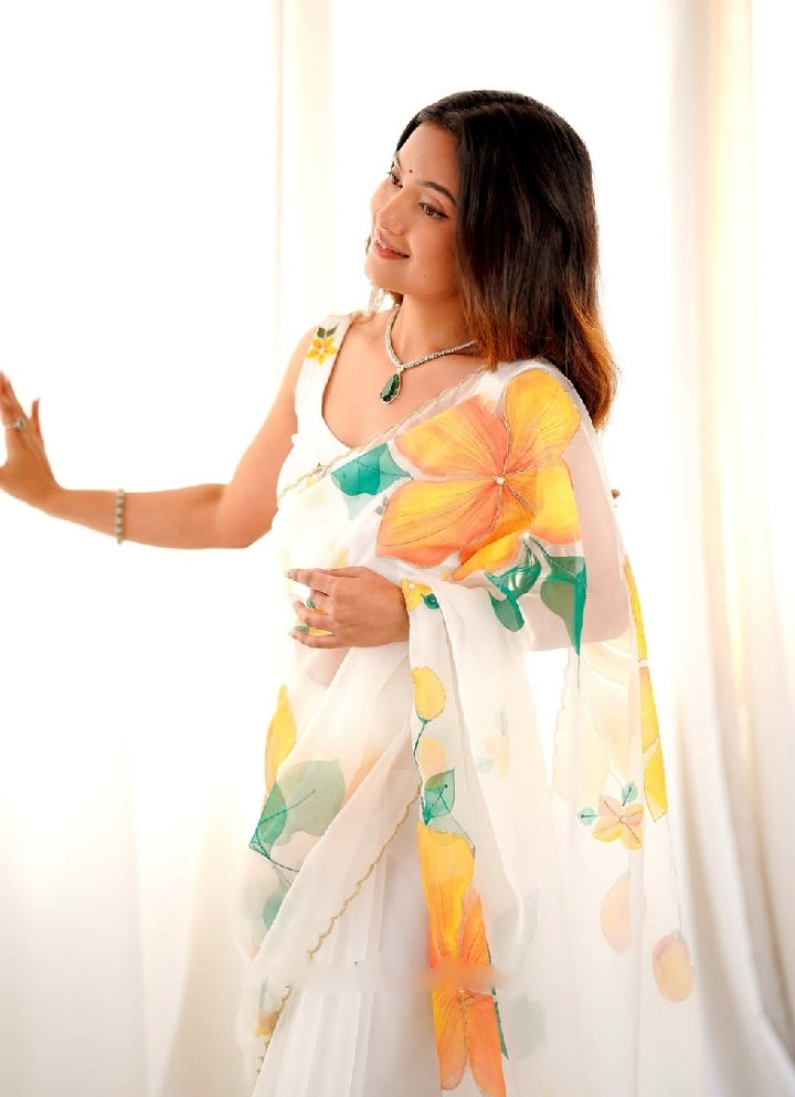 White Multicolor Floral Saree With Trendy Summer Print