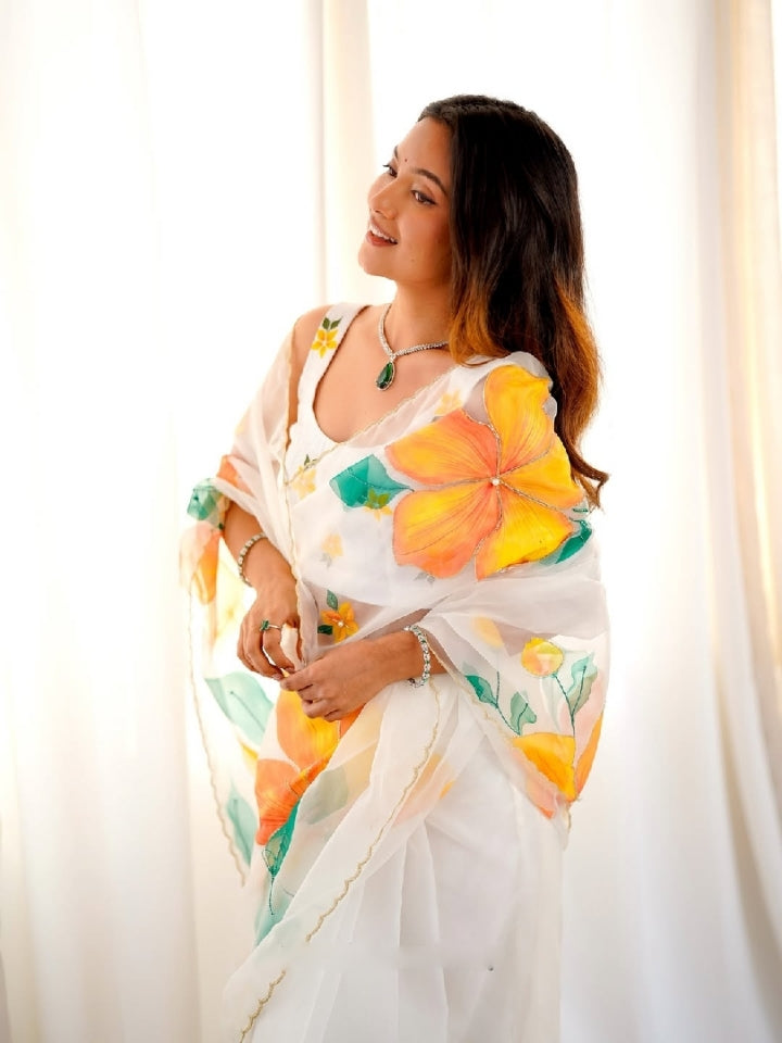 White Multicolor Floral Saree With Trendy Summer Print