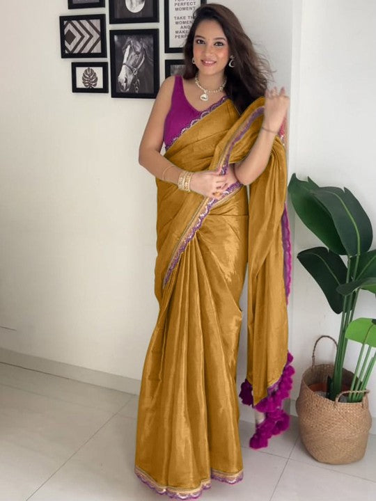 Mustard Gold, Blue Orange, Pink, White Silk Saree