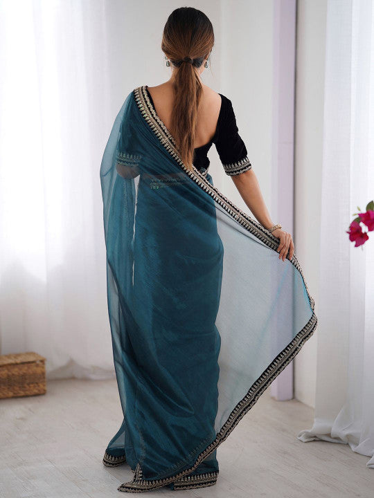 Teal Blue Traditional Saree with Rich Silver Border Work