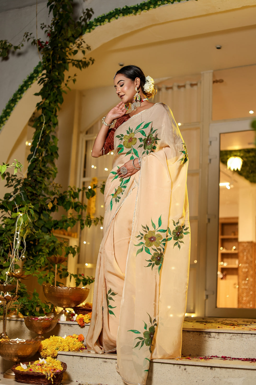 Ivory Beige Floral Saree With Elegant Printed Design