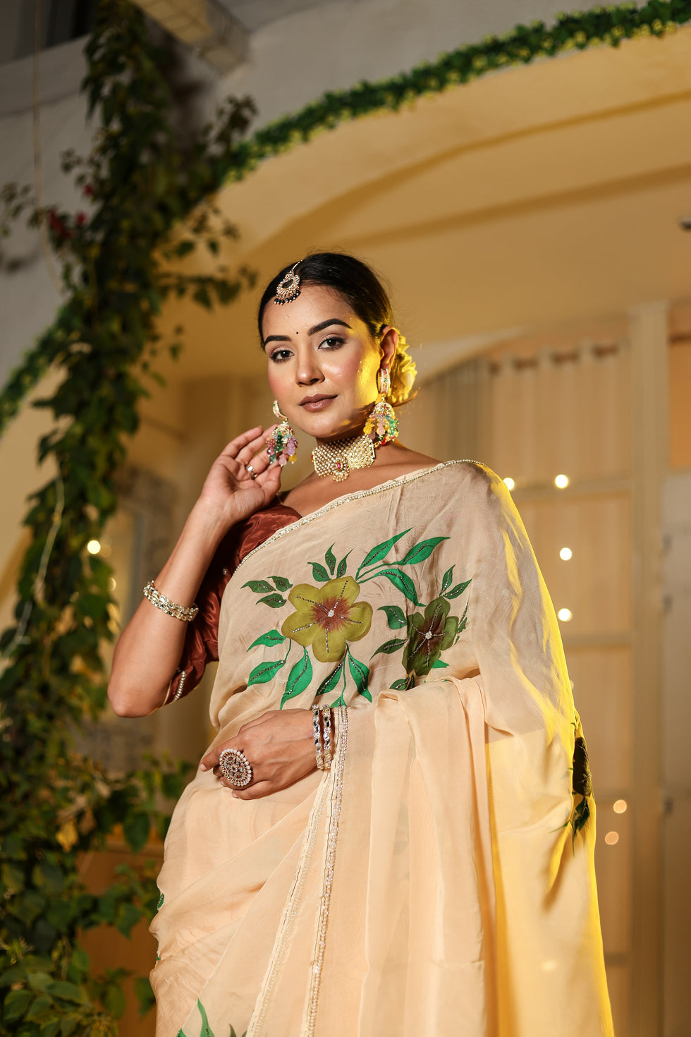 Ivory Beige Floral Saree With Elegant Printed Design