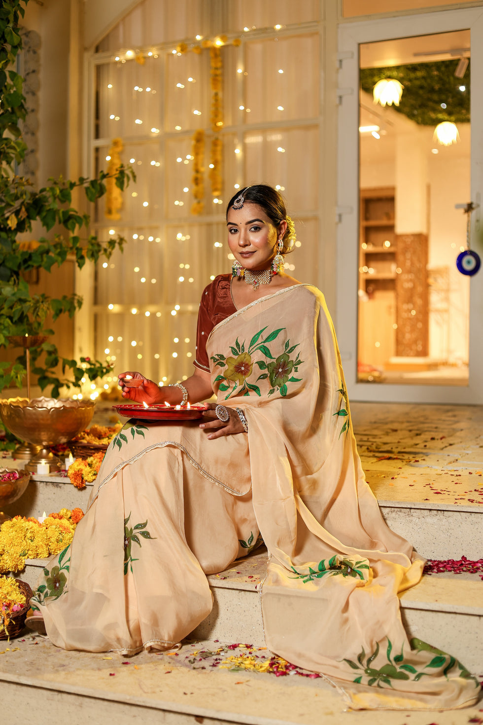 Ivory Beige Floral Saree With Elegant Printed Design