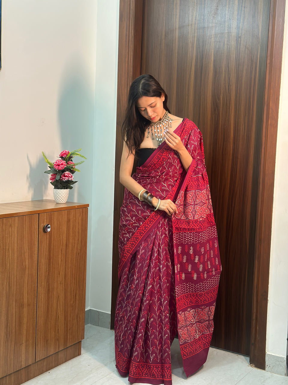 Red Traditional Printed Saree With Elegant Ethnic Design