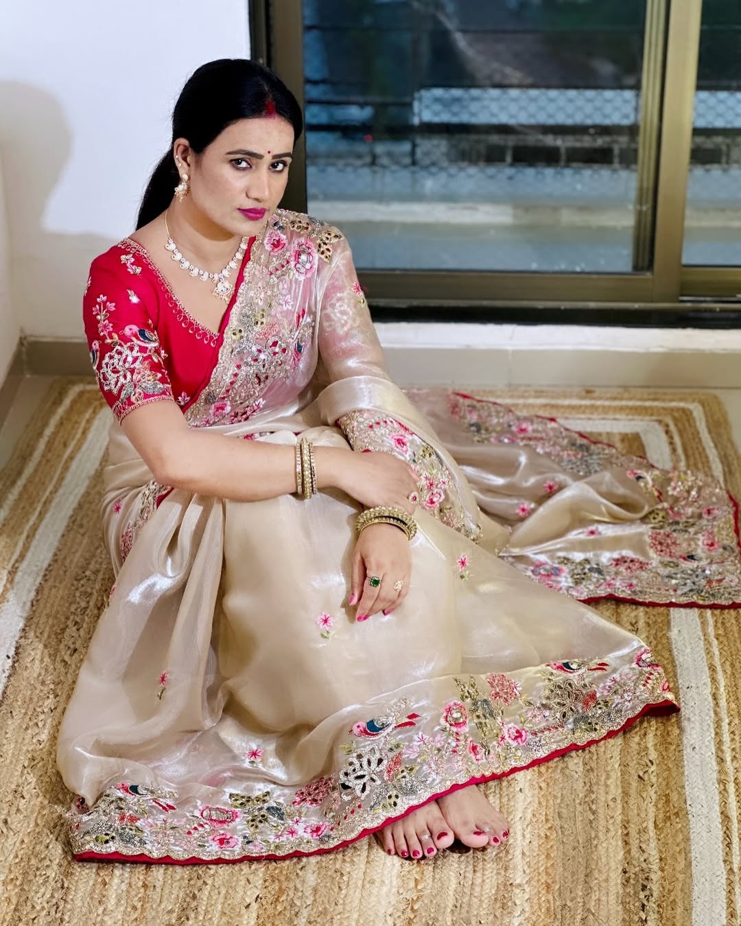 Beige Silk Blend Saree With Heavy Embroidered Border & Contrast Blouse