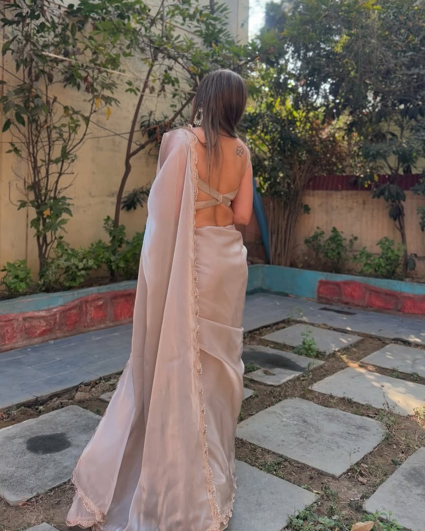 Ivory Beige Elegant Saree with Stylish Backless Designer Look