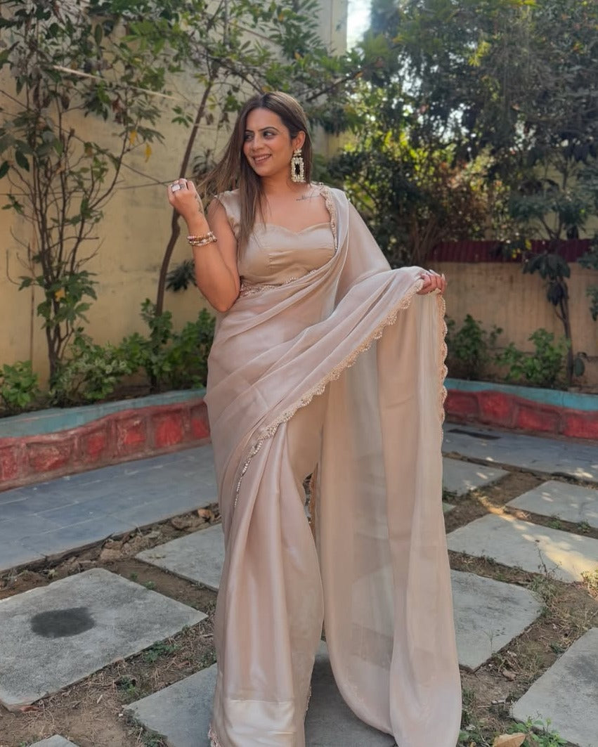 Ivory Beige Elegant Saree with Stylish Backless Designer Look