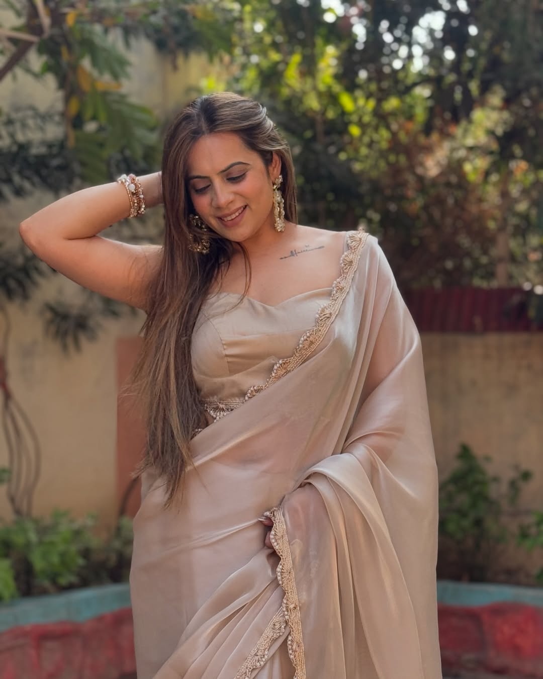 Ivory Beige Elegant Saree with Stylish Backless Designer Look