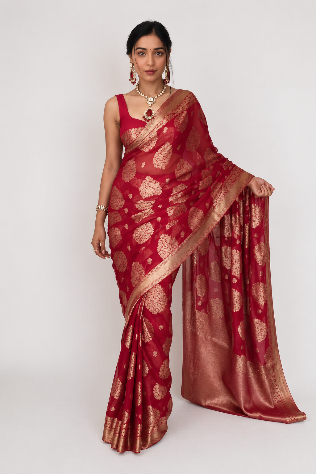 Ready To Wear Banarasi Wine Red Designer Saree