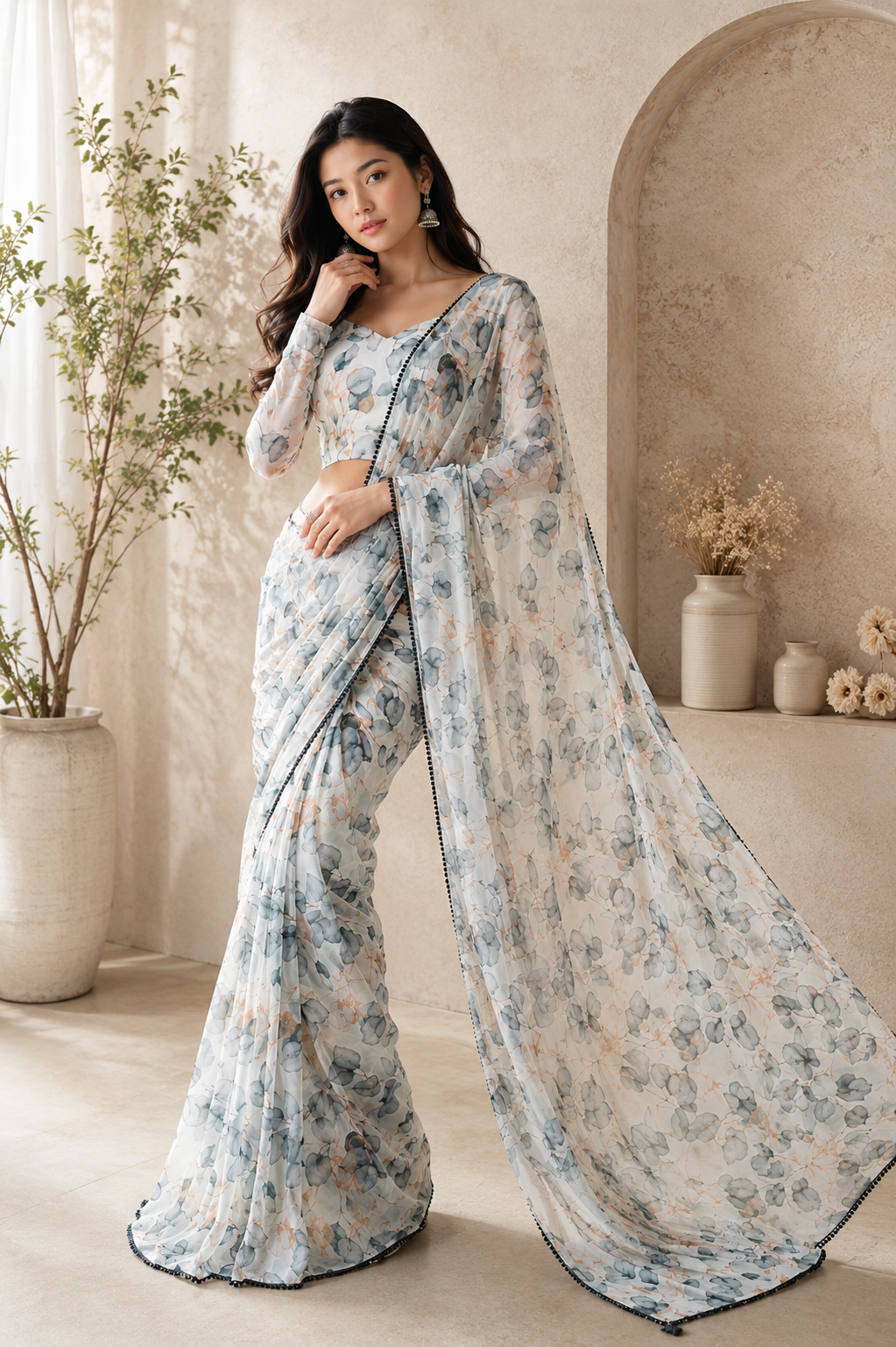 Ready To Wear Georgette Premium White Pastel Floral Saree