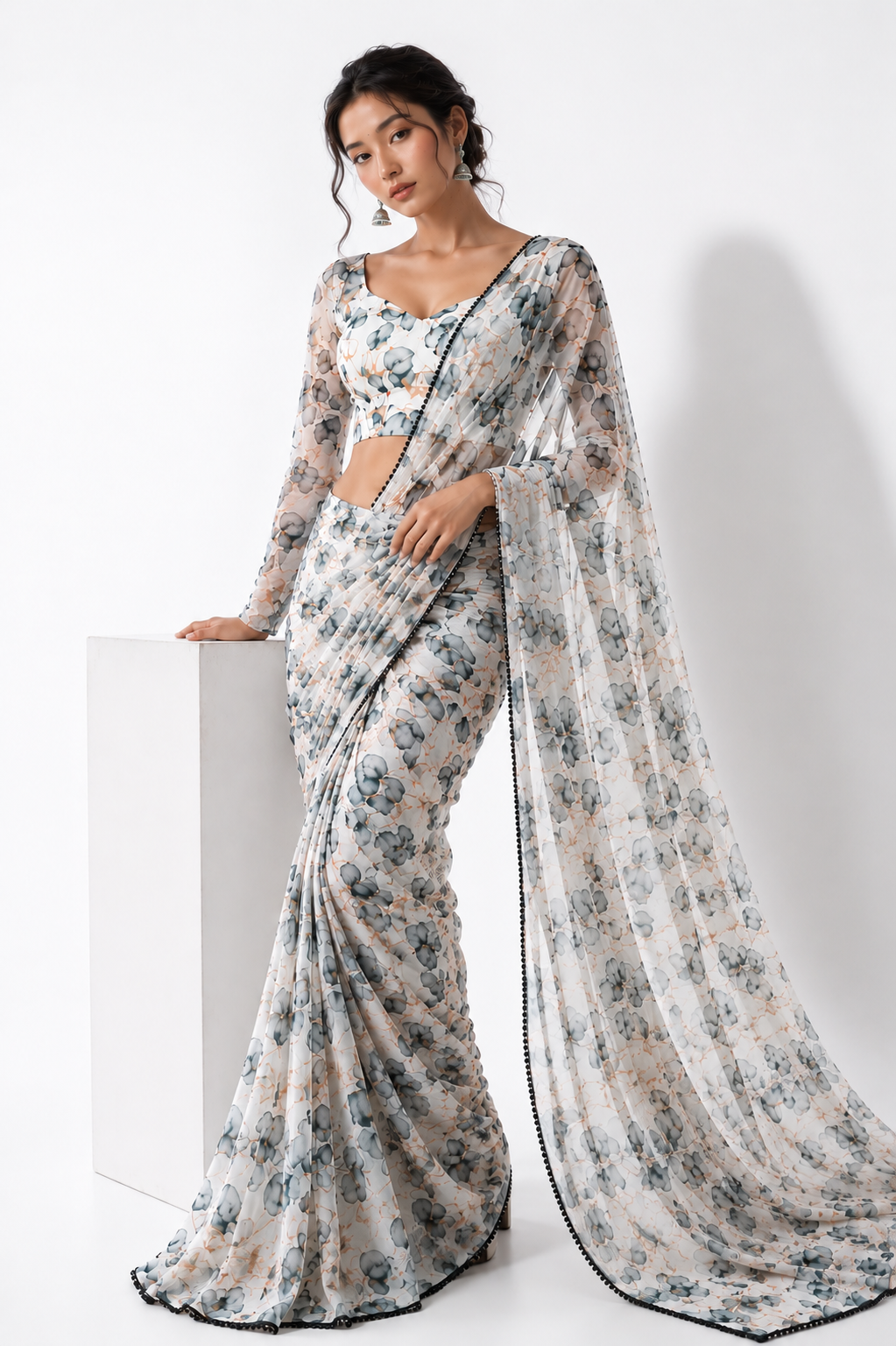 Ready To Wear Georgette Premium White Pastel Floral Saree