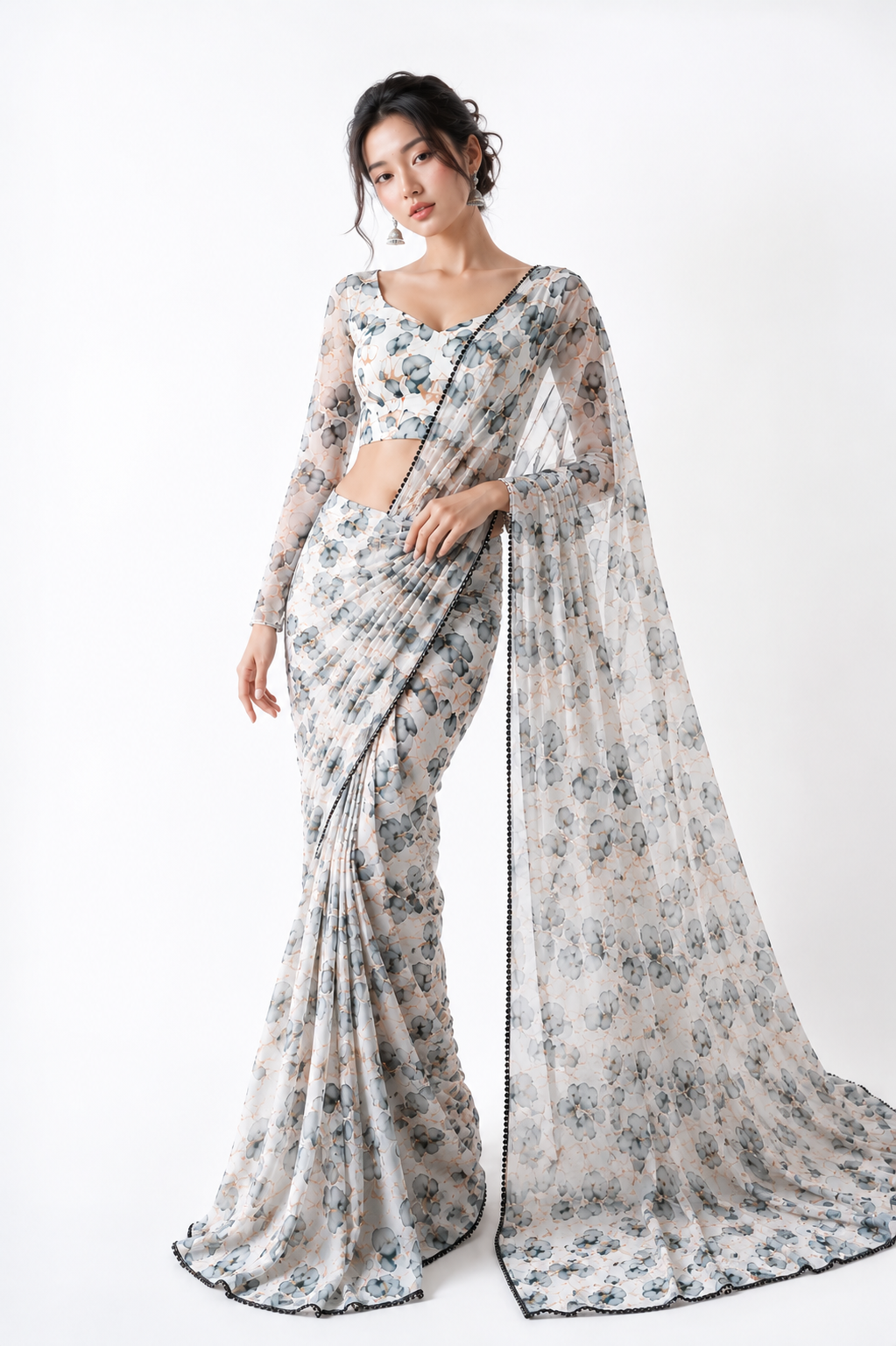 Ready To Wear Georgette Premium White Pastel Floral Saree