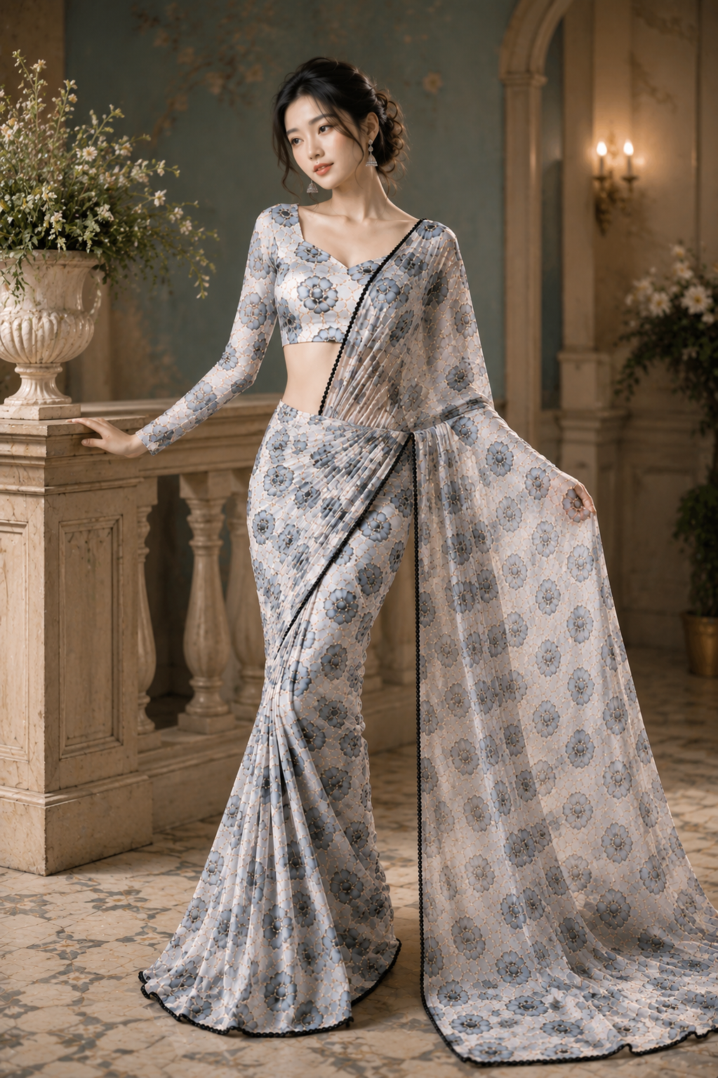 Ready To Wear Georgette Premium White Pastel Floral Saree