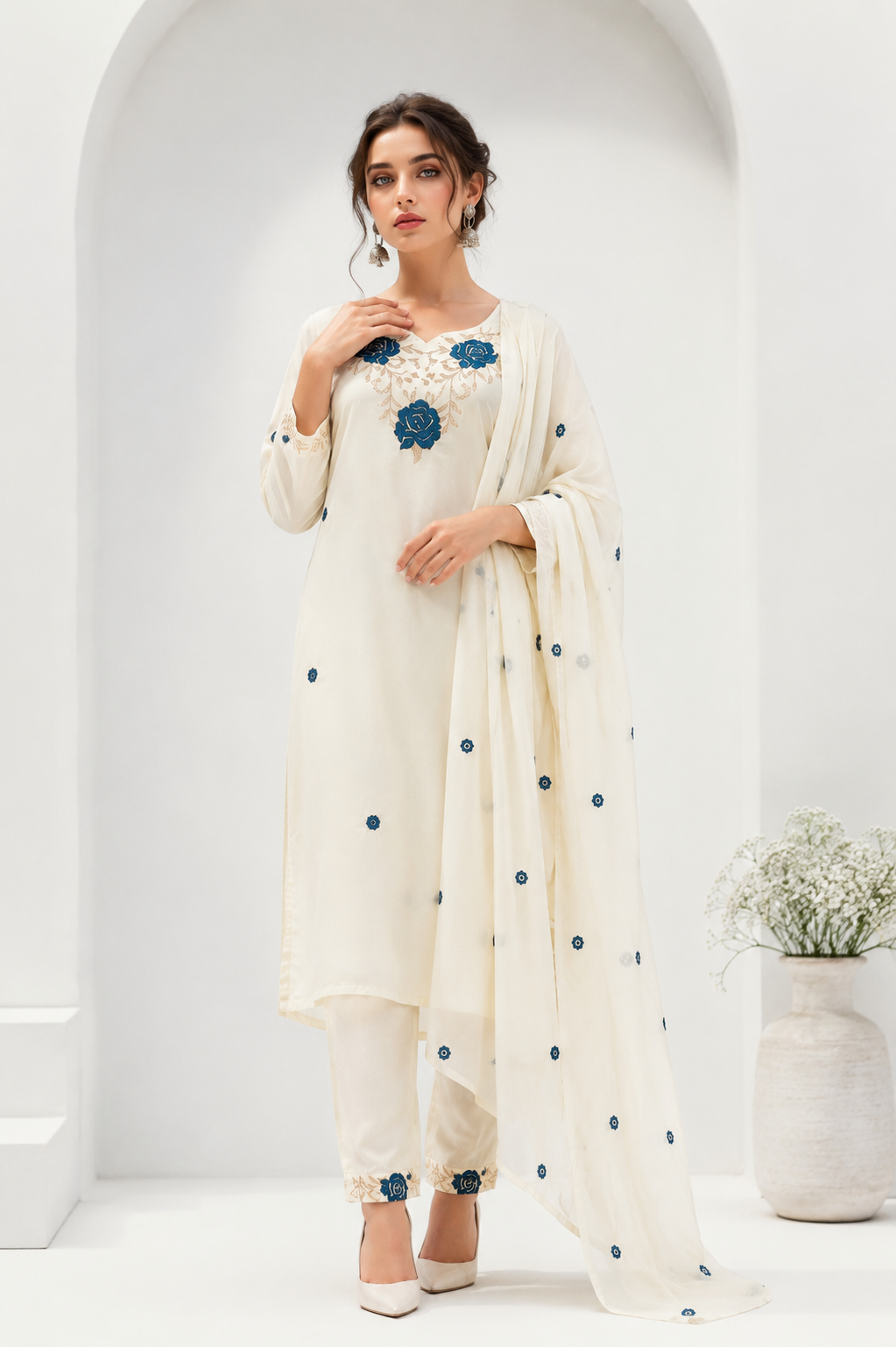 Cream Embroidered Straight Suit Set