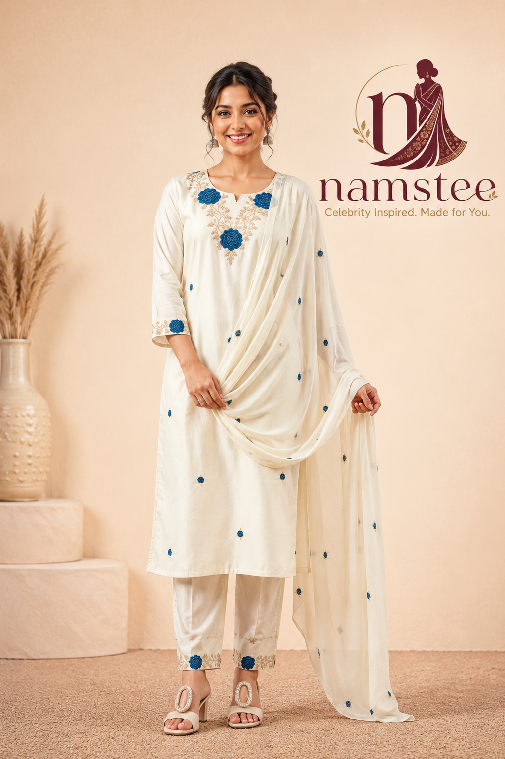 Cream Embroidered Straight Suit Set