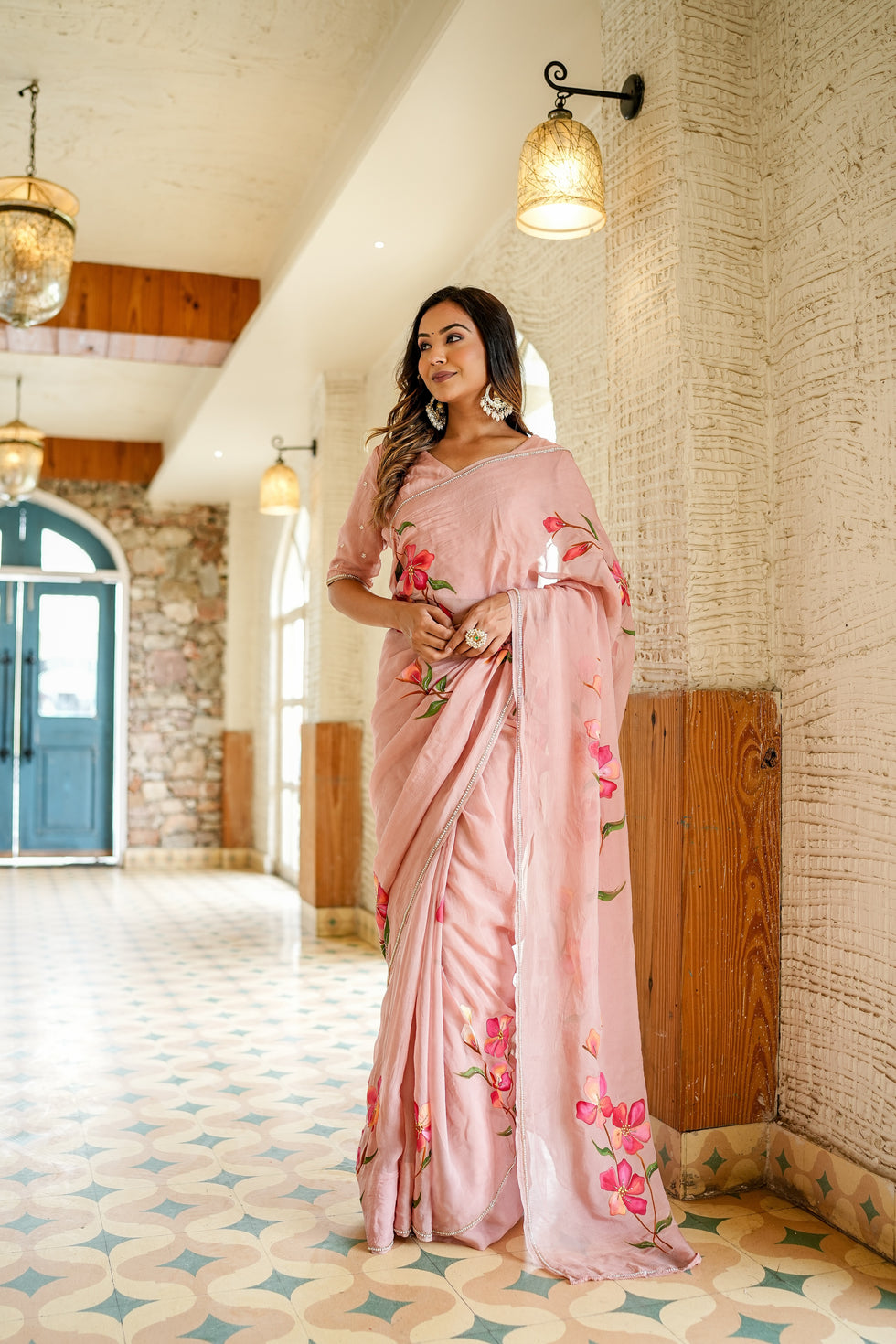 Baby Pink Floral Printed Saree With Elegant Designer Look