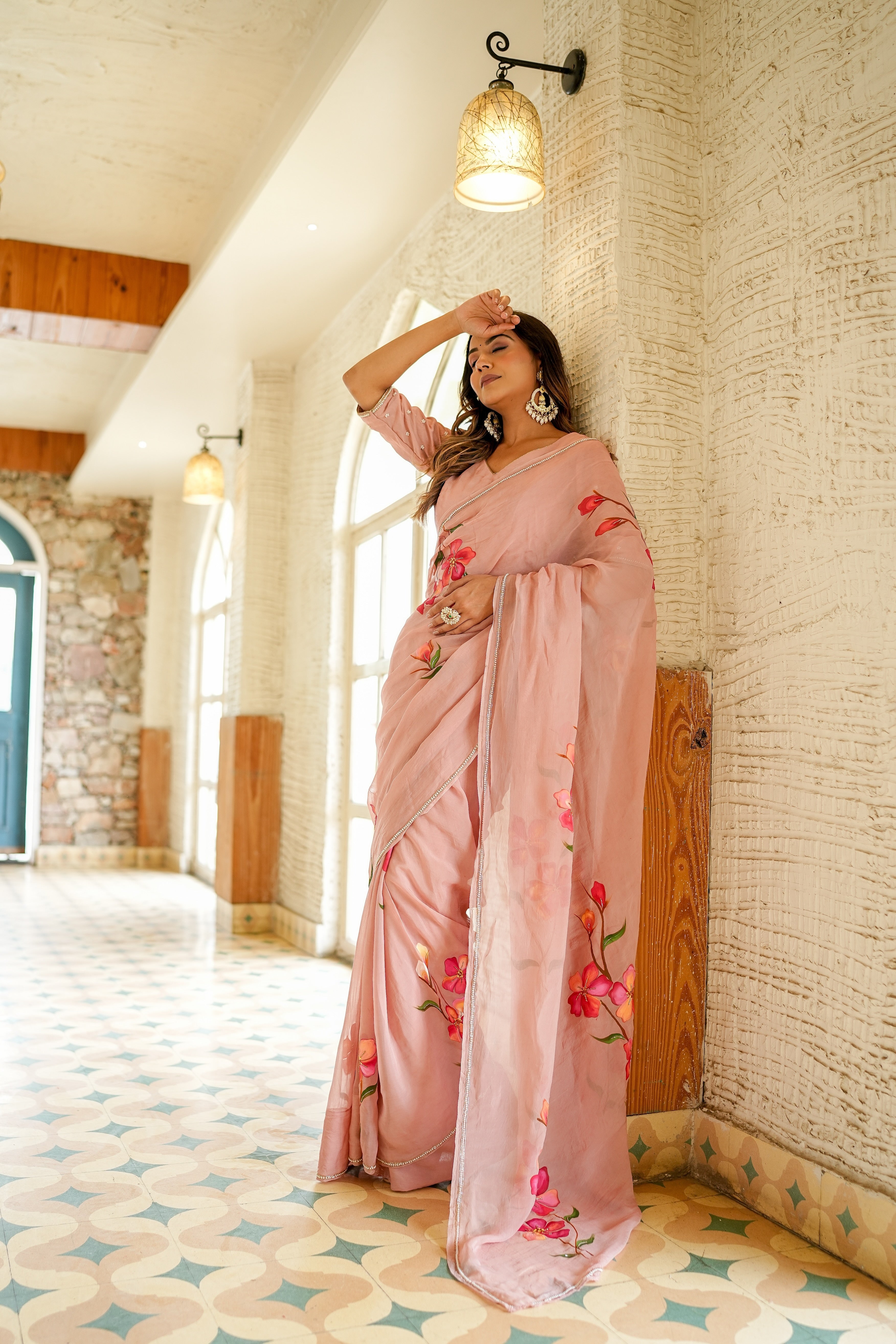 Baby Pink Floral Printed Saree With Elegant Designer Look