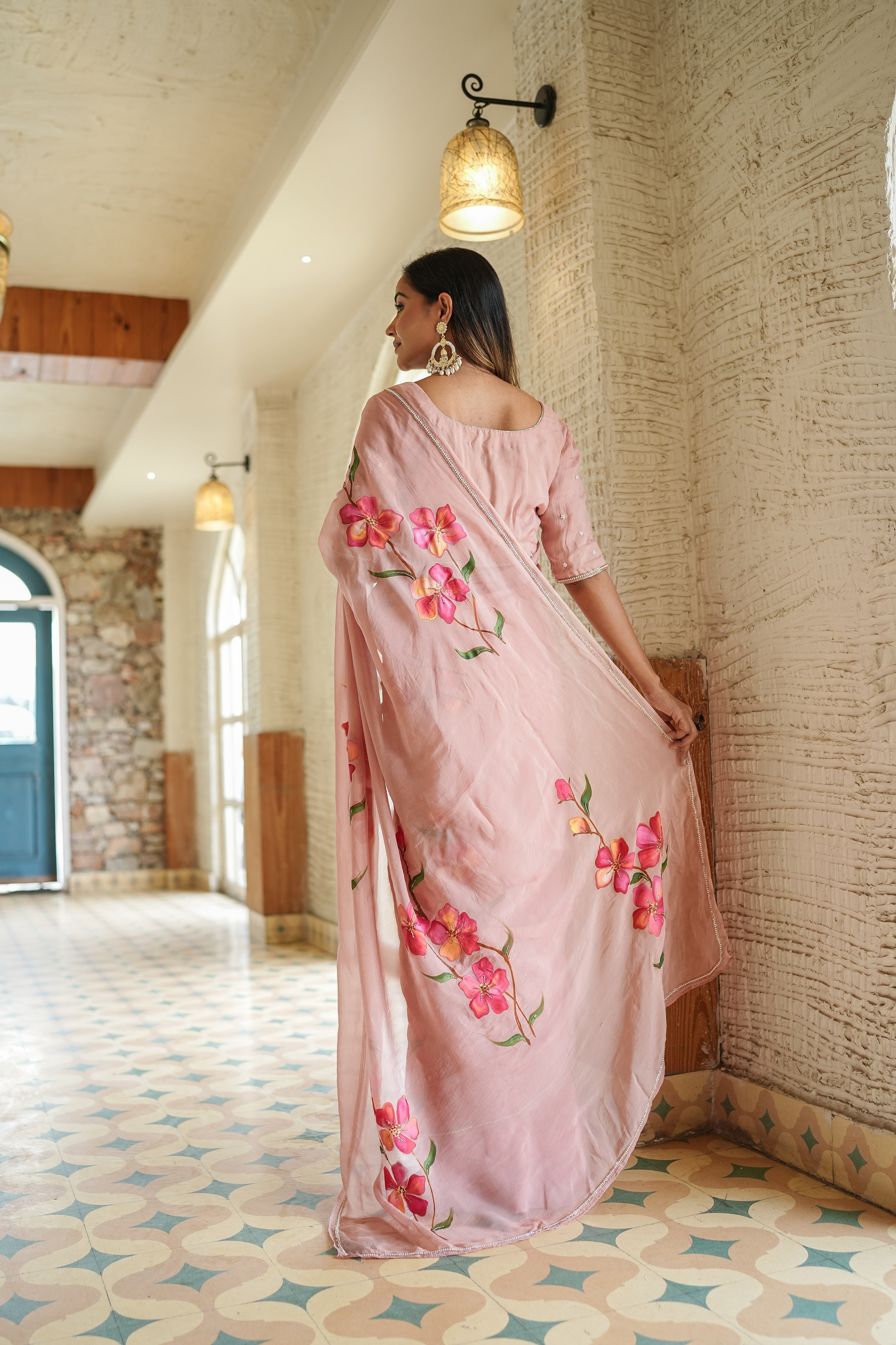 Baby Pink Floral Printed Saree With Elegant Designer Look