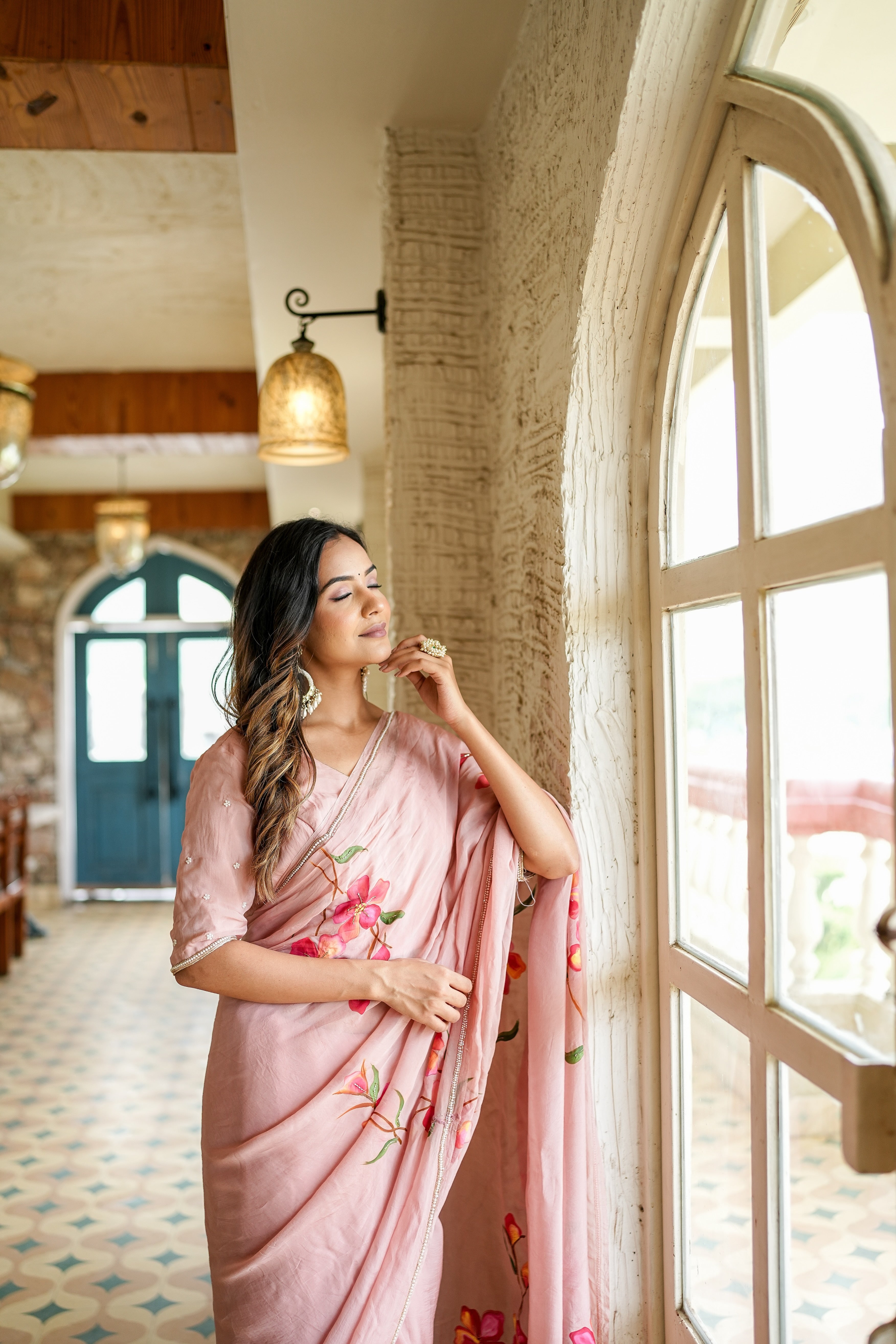 Baby Pink Floral Printed Saree With Elegant Designer Look