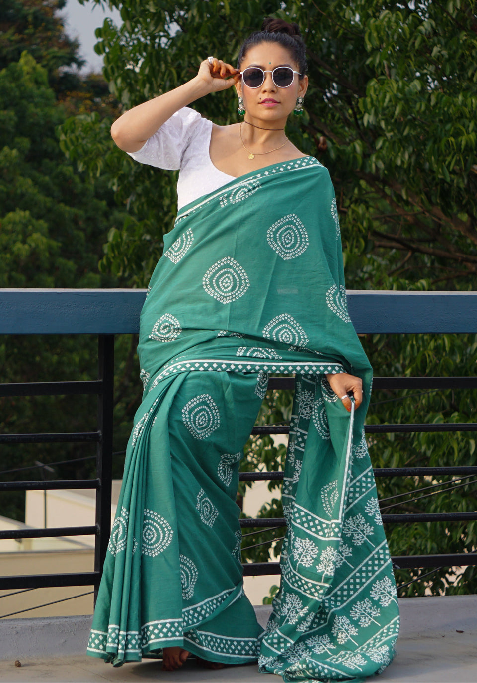 Teal Green Designer Saree With Elegant Traditional Print Work