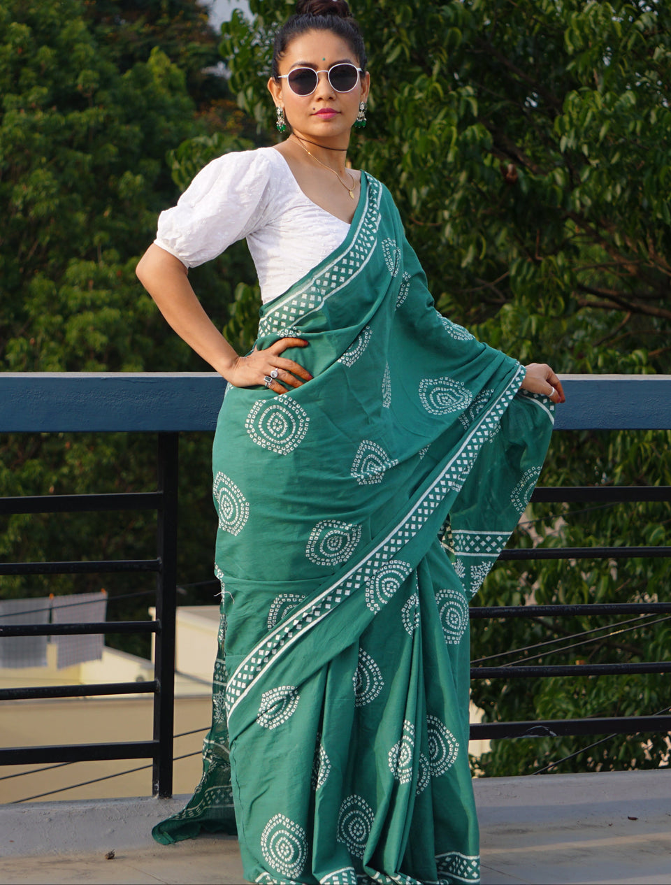 Teal Green Designer Saree With Elegant Traditional Print Work