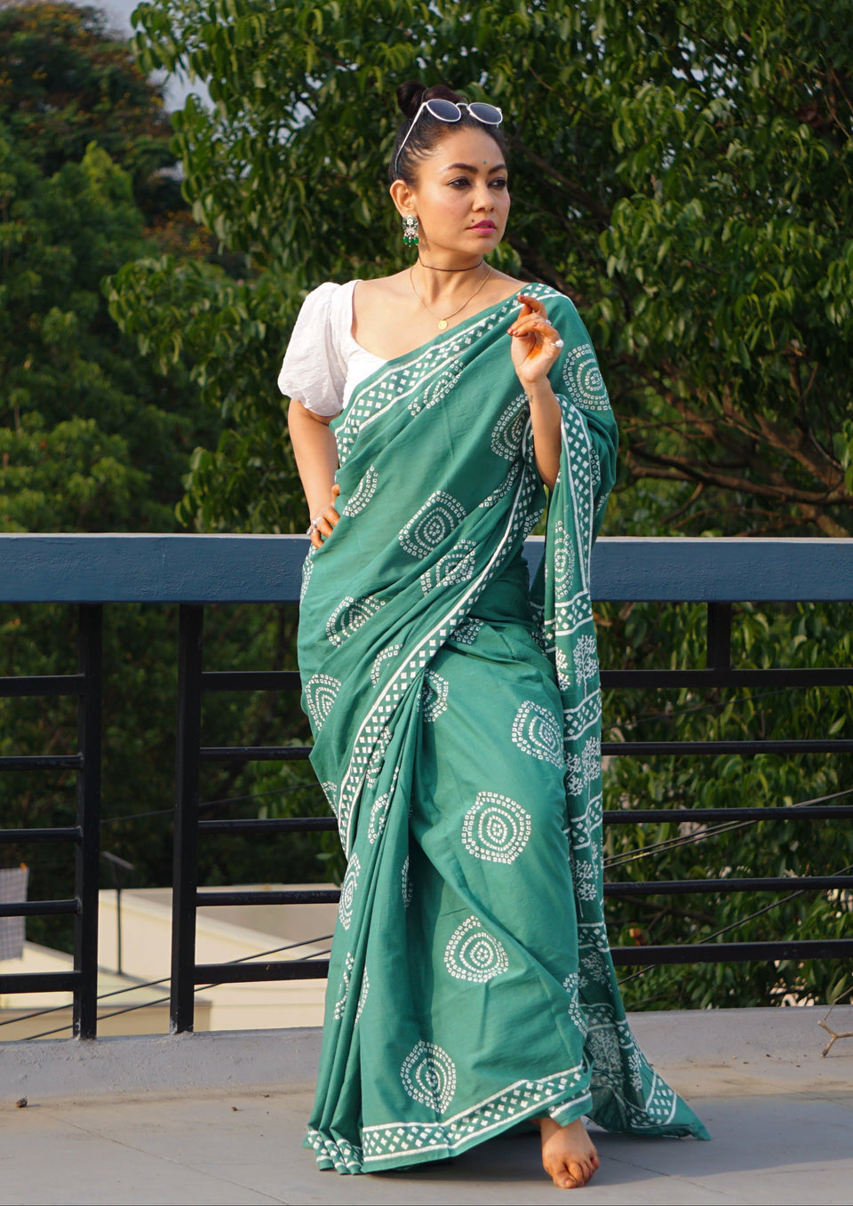Teal Green Designer Saree With Elegant Traditional Print Work
