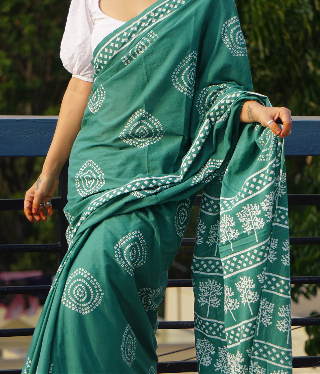 Teal Green Designer Saree With Elegant Traditional Print Work