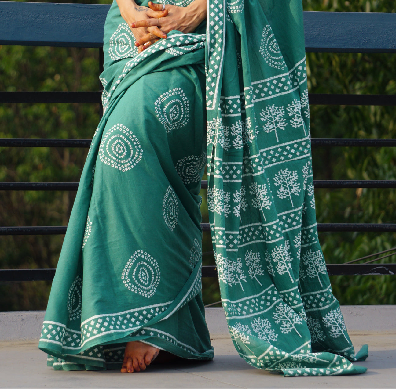 Teal Green Designer Saree With Elegant Traditional Print Work