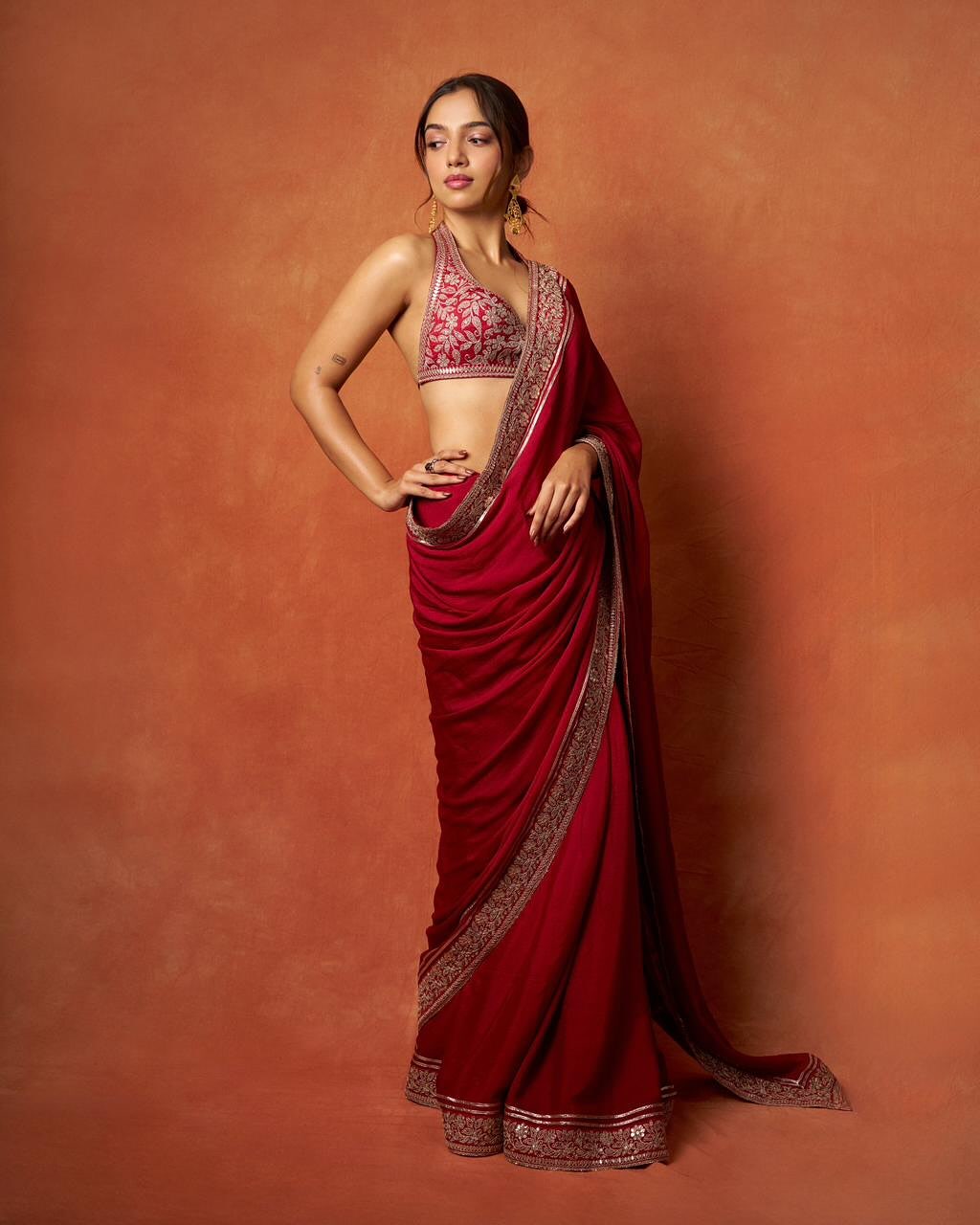 Red Designer Saree With Embroidered Border