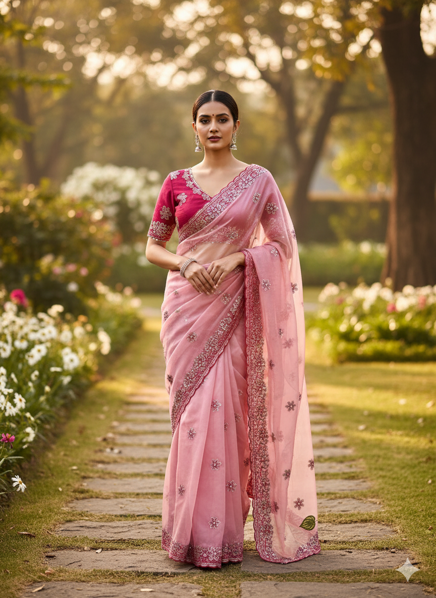 Aqua Blue, Olive Green, Dusty Rose, Pink  Traditional Saree