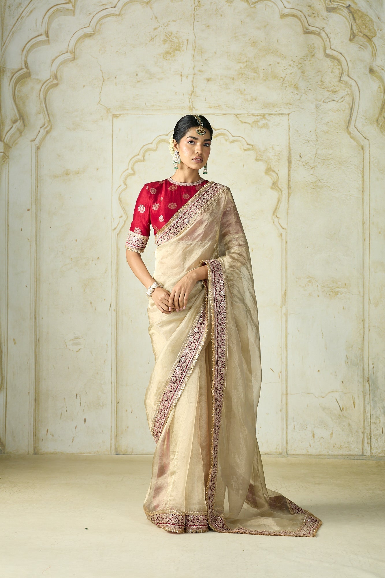 Ivory Beige Traditional Saree With Rich Purple Border Work