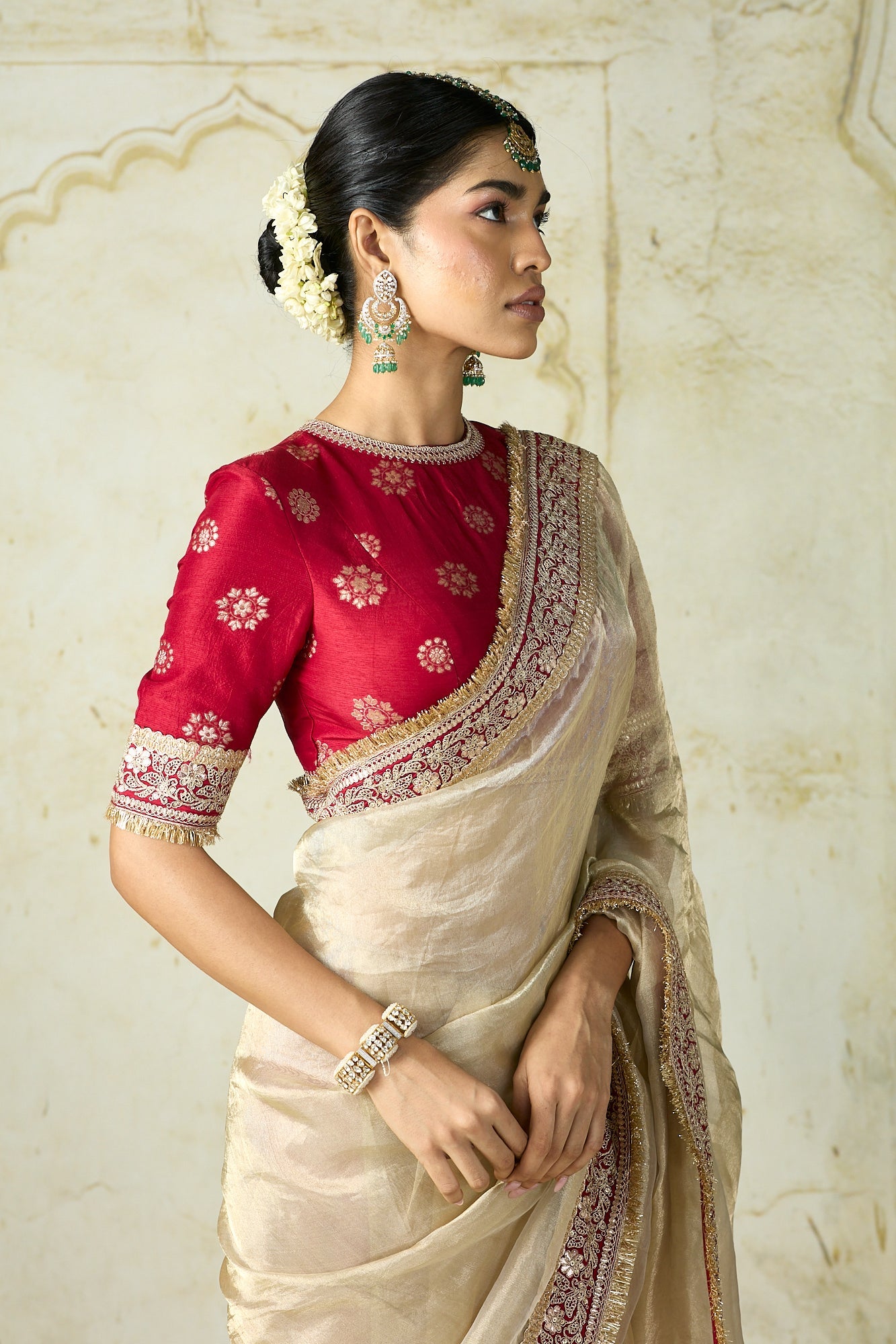 Ivory Beige Traditional Saree With Rich Purple Border Work